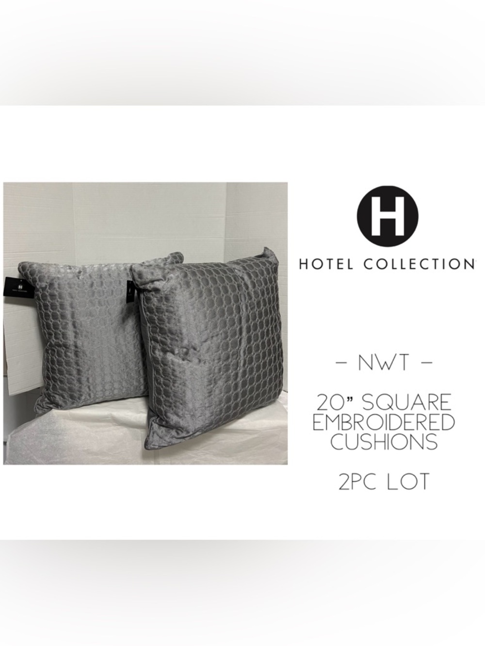 🆕HOTEL COLLECTION - NWT - 2PC LOT - 20” SQUARE EMBROIDERED GREY CUSHION / PILLOW